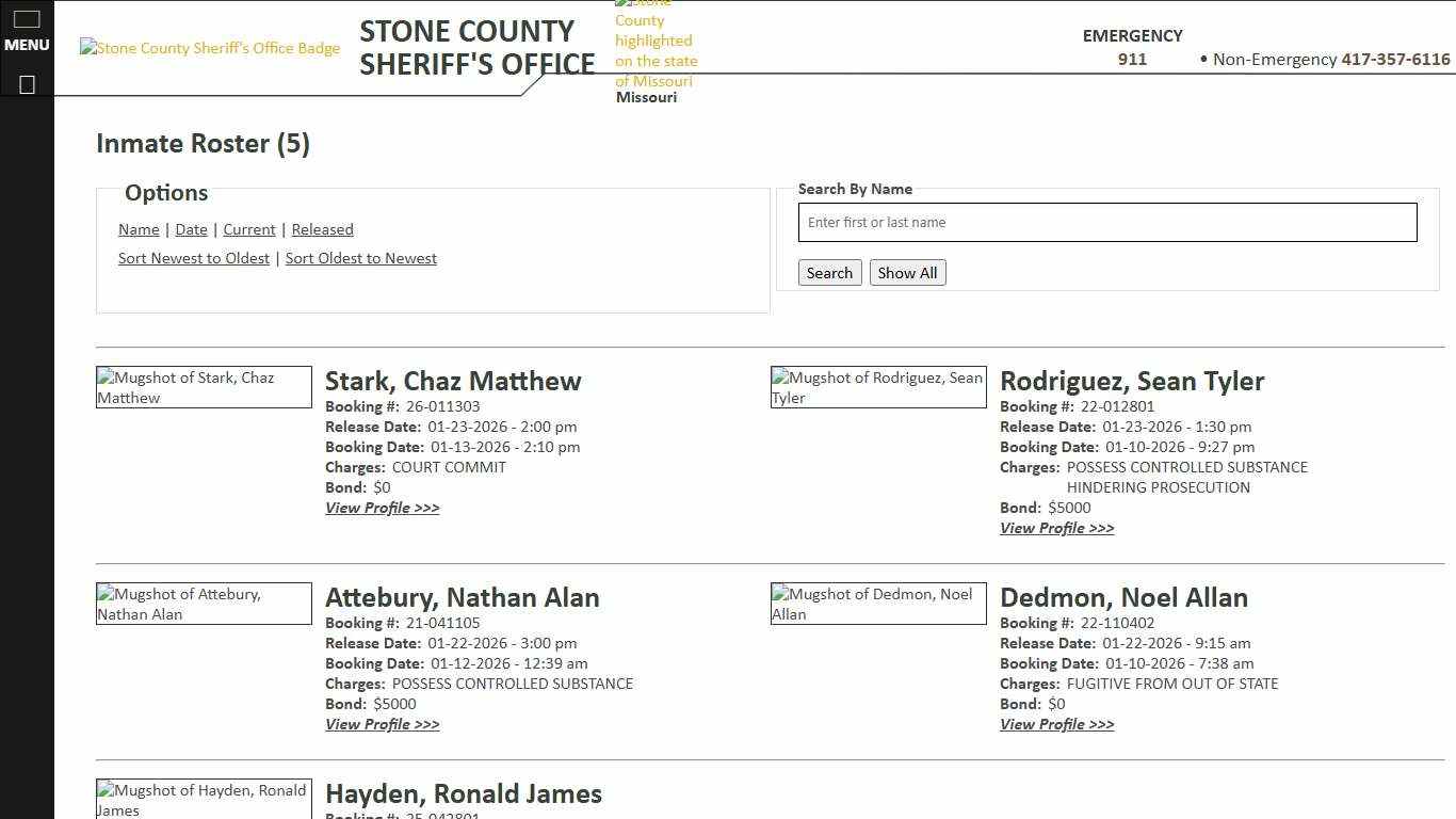 Inmate Roster - Released Inmates Booking Date Descending - Stone County Sheriff MO